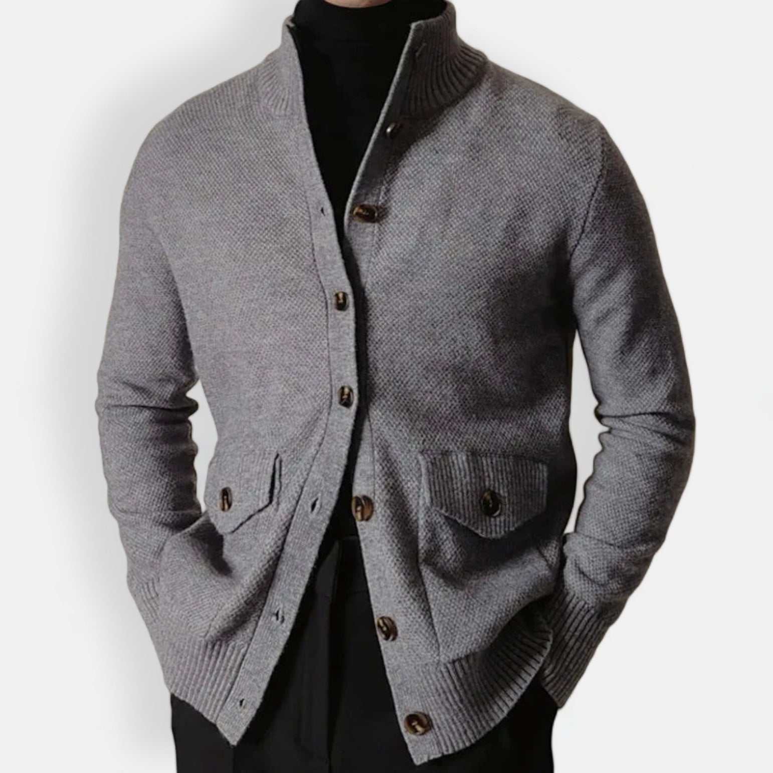 Men's Fall/Winter business casual cardigan in gray, crafted from 100% acrylic for comfort and warmth.