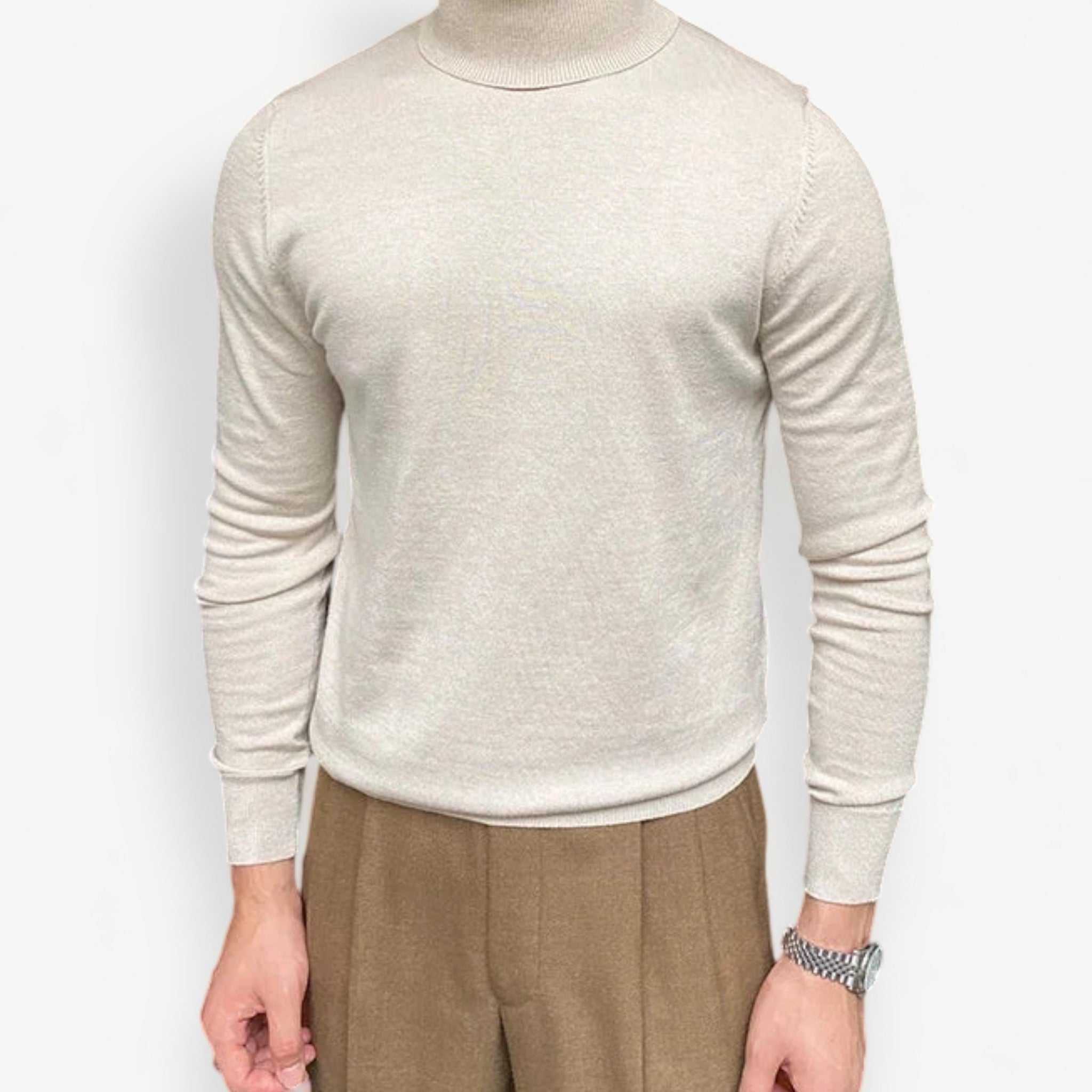 Men's beige turtleneck sweater for business attire.