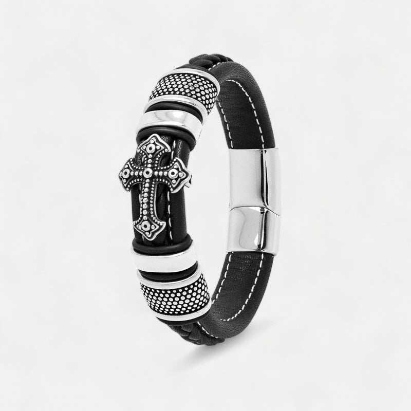 Cross punk leather bracelet with stainless steel details.