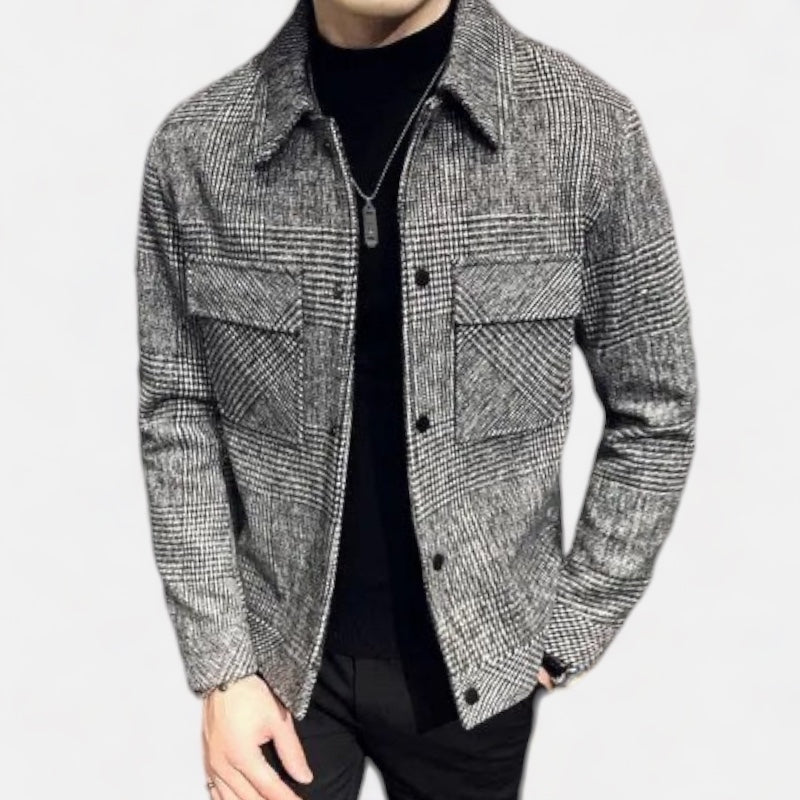 Plaid classic jacket in gray wool blend, casual elegant style.