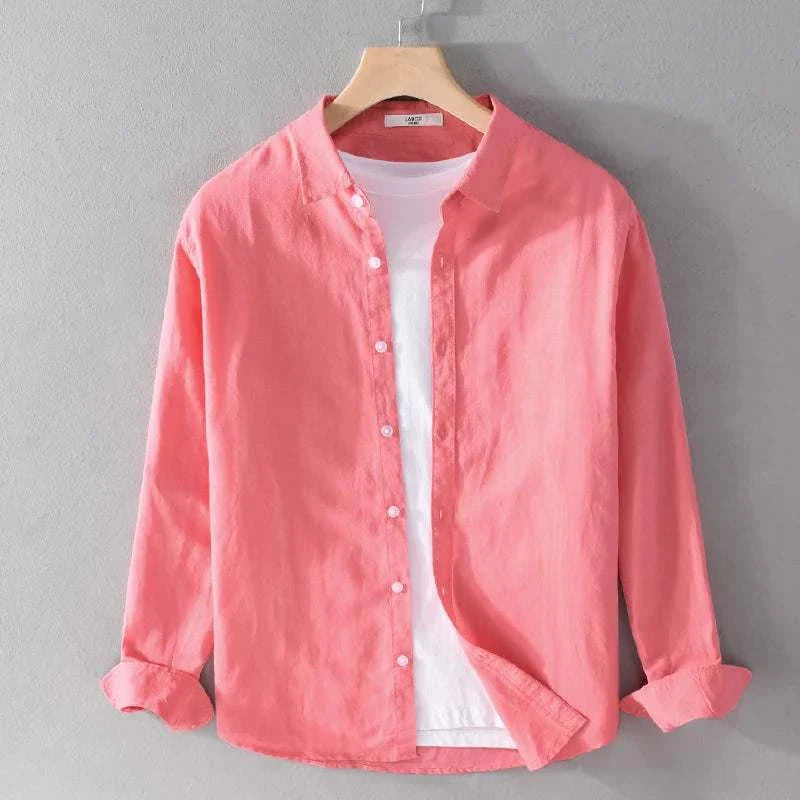 Summer casual long-sleeve shirt in solid pink, crafted from linen and cotton, ideal for spring and summer.