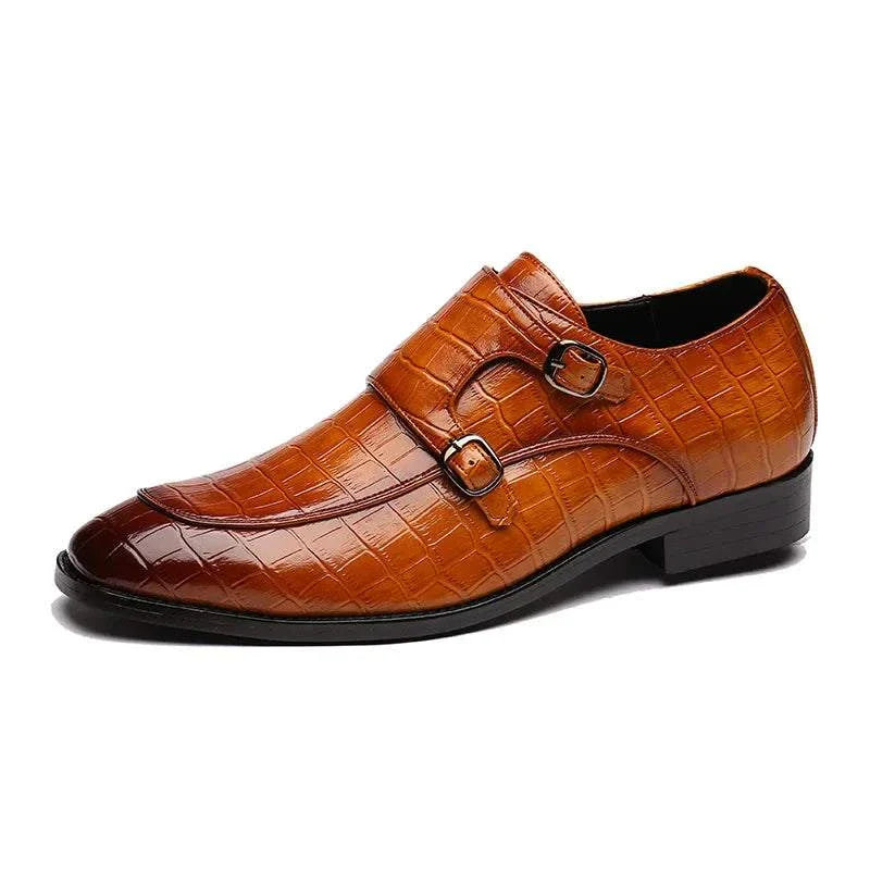 LUXELY office shoes for men with intricate perforations in light brown.