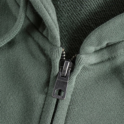 Maurice Cardigan in green cotton-linen blend with zipper detail.
