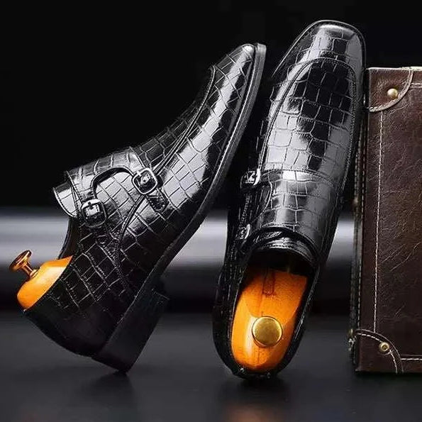 LUXELY office shoes for men in black with intricate perforations and cushioned insole.