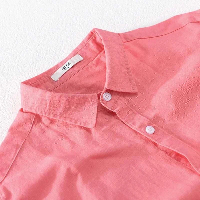 Men's summer casual long-sleeve shirt in salmon color, made from linen-cotton blend, suitable for spring/summer.