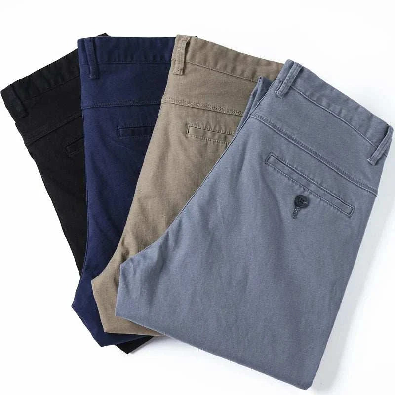 Cotton straight chino pants in black, navy, khaki, and gray colors.