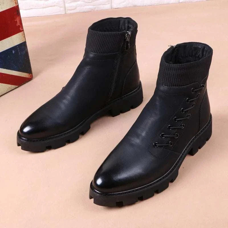 Cowboy platform leather boots with durable artificial leather and rubber soles.