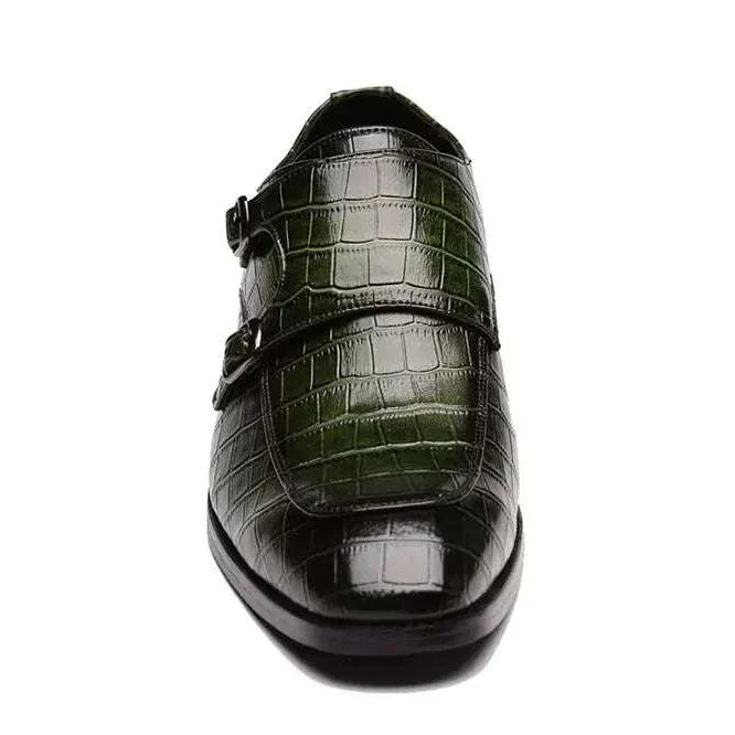 LUXELY office shoes in army green with intricate perforations and dual buckle design.