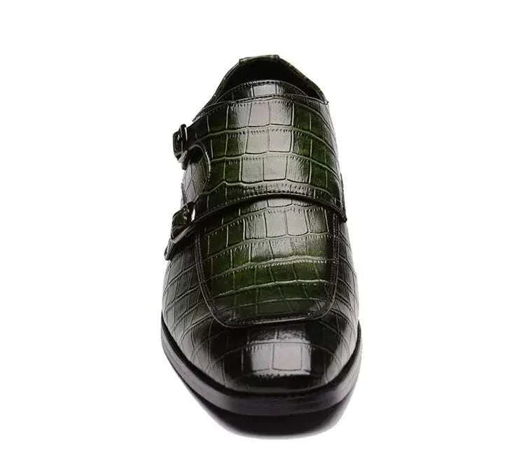 LUXELY office shoes in army green with intricate perforations and dual buckle design.