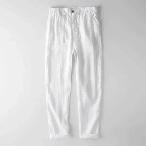 Italian design linen pants in white, 100% linen, versatile for casual or elegant styles, breathable and lightweight.
