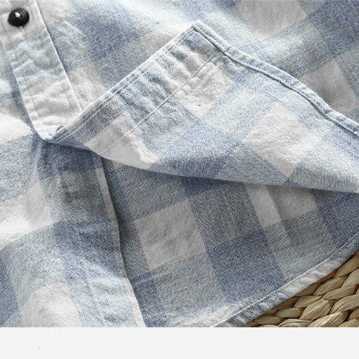 Maurice Casual Shirt in blue and white checkered pattern, made from cotton and linen blend.
