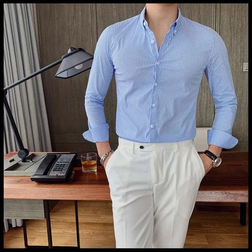 Men's cotton long sleeve plaid shirt in light blue.