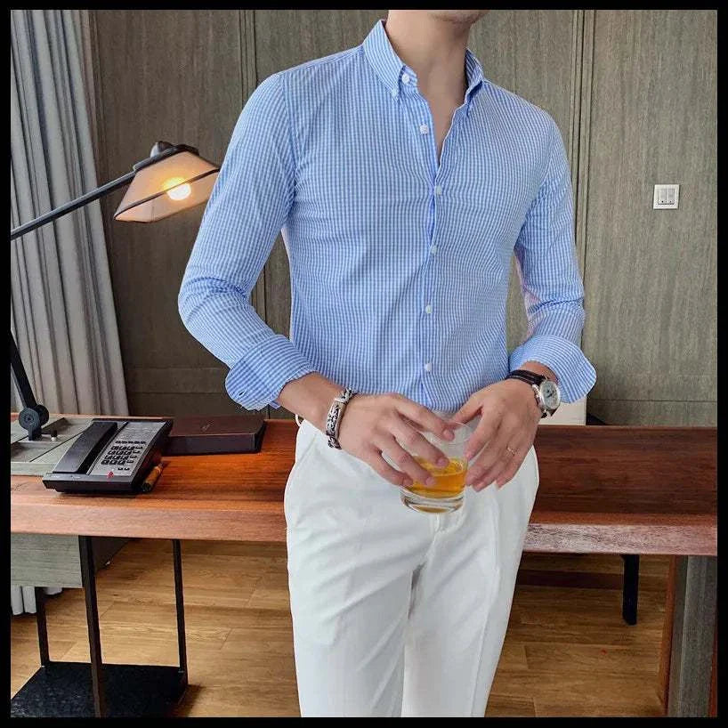 Men's cotton long sleeve plaid shirt, perfect for casual and office wear, displayed in an elegant style.