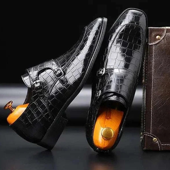 LUXELY office shoes for men, stylish black design with crocodile pattern, leather material.