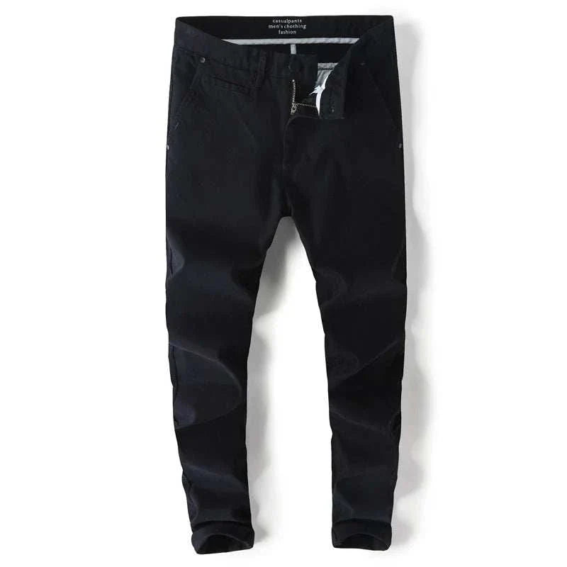 Black cotton straight chino pants, comfortable casual wear with lightweight cotton and spandex blend.