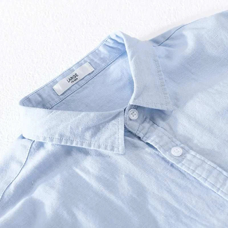 Summer casual long-sleeve shirt made from linen and cotton blend.