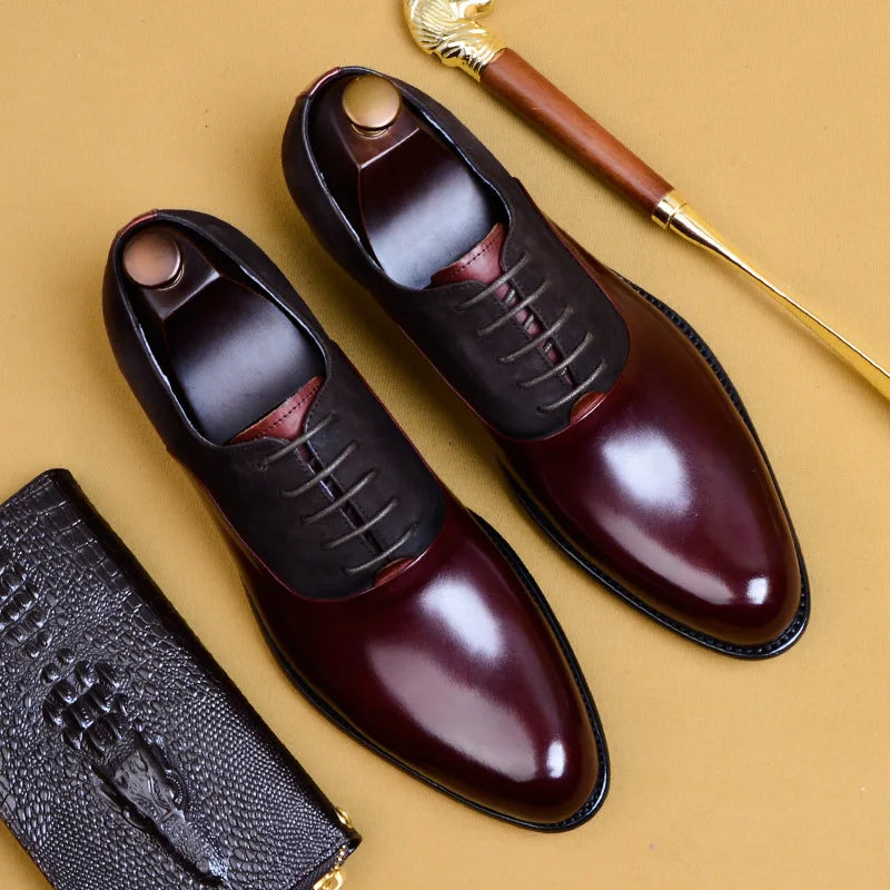 Genuine leather brogue elegant shoes in premium cow leather, showcasing Italian craftsmanship in wine or black. Perfect for men's spring or autumn casual wear.