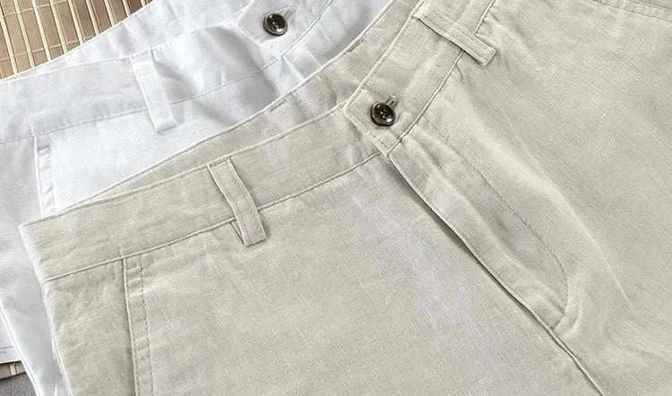 Linen casual pants in beige and white colors, breathable and stylish for summer.