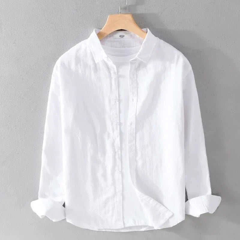 White summer casual long-sleeve shirt for men, breathable linen-cotton blend.