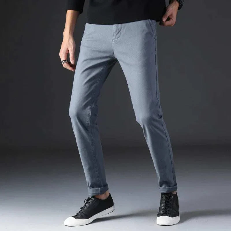 Casual cotton straight chino pants for men with a relaxed fit, perfect for smart casual wear.