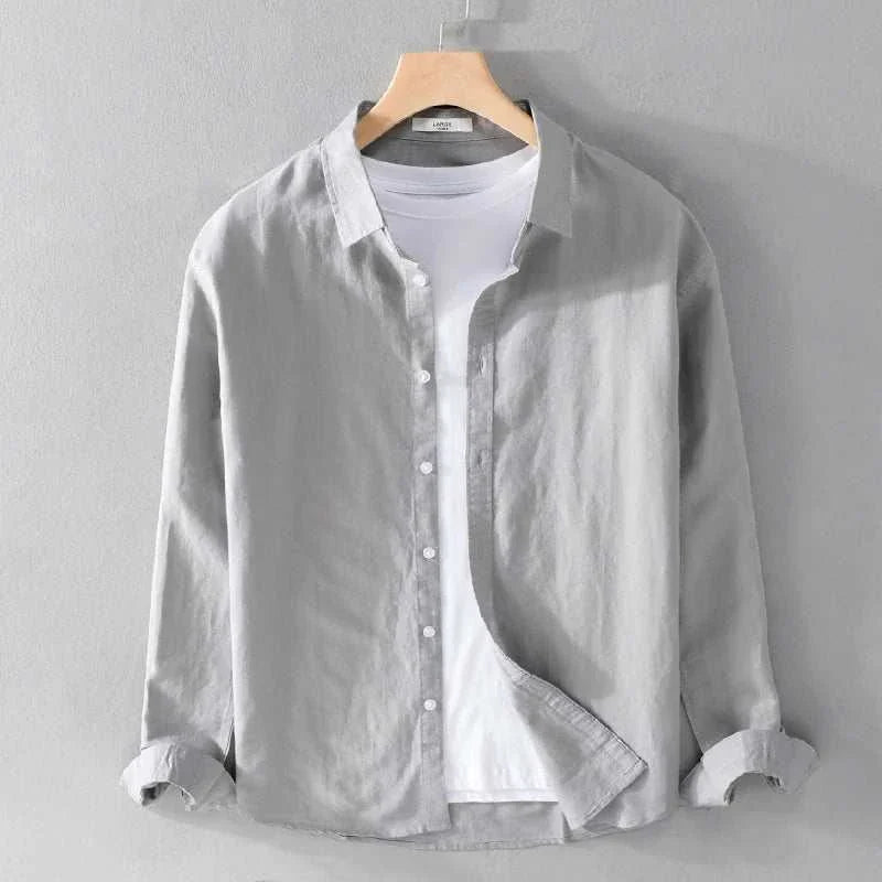 Summer casual long-sleeve shirt for spring season, linen and cotton blend, solid color.