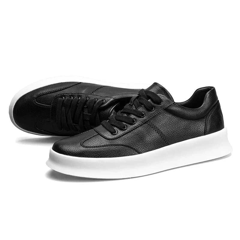 Black student leather casual shoes with white soles, featuring a classic design, made from cow leather for smart-casual wear.