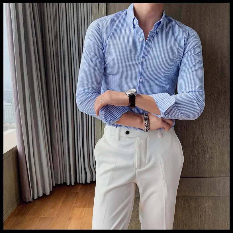 Cotton long sleeve plaid shirt for men in blue, perfect for casual or office wear.