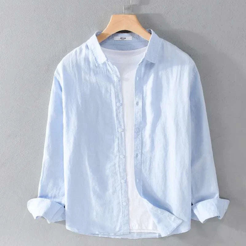Summer casual long-sleeve shirt, light blue, linen-cotton blend, solid pattern, men's spring fashion.