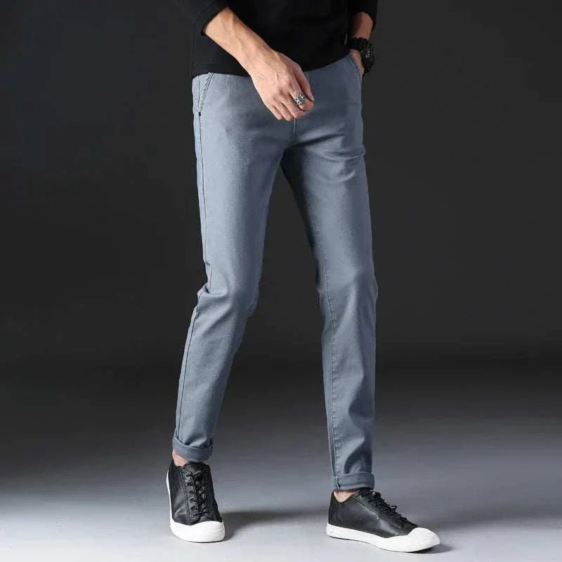 Casual cotton straight chino pants in grey, lightweight and comfortable fit.