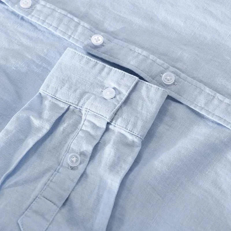 Light blue Summer casual long-sleeve shirt made from linen and cotton blend.