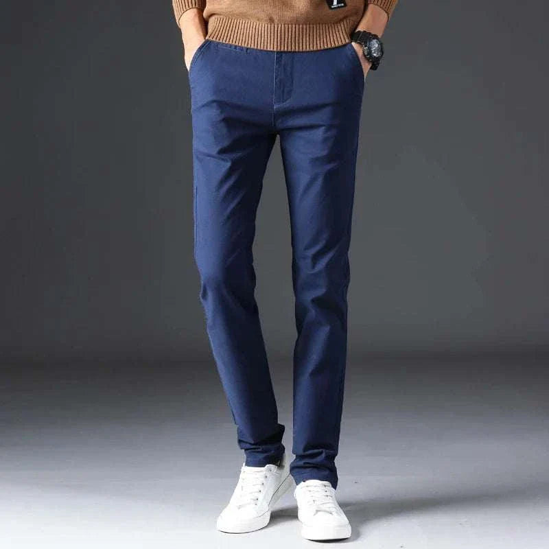 Cotton straight chino pants in navy, casual and comfortable fit.