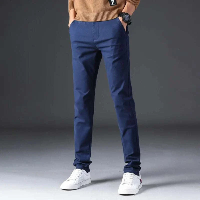 Cotton straight chino pants in navy blue, offering a casual and comfortable fit with a blend of cotton and spandex.