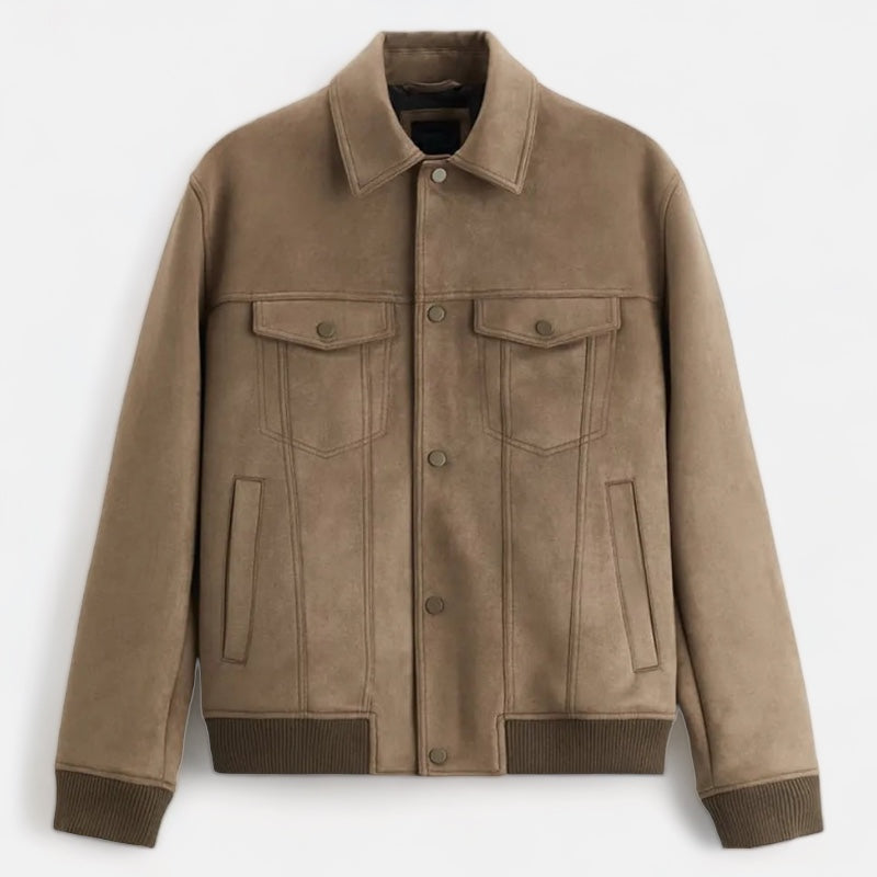 Men's suede polo jacket, casual design, made with polyester and suede leather, solid color.