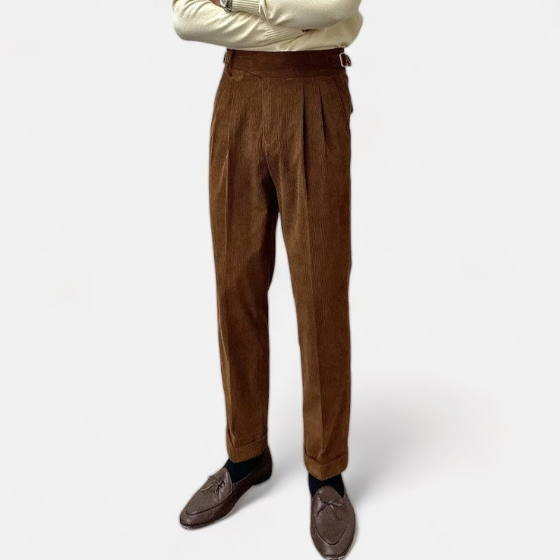 Brown office corduroy trousers made from cotton, styled for casual or elegant men's outfits.