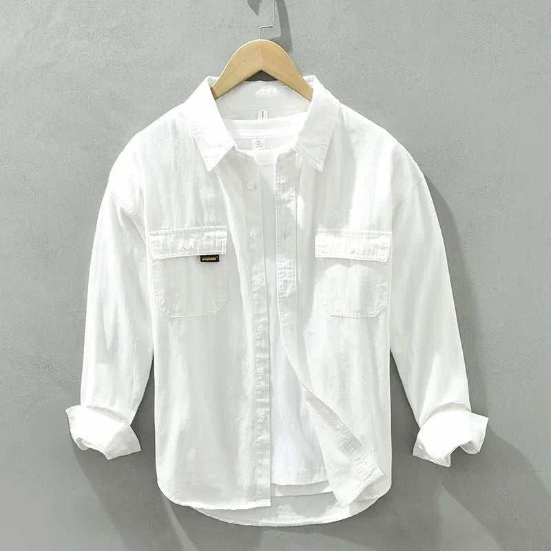 Pure cotton casual spring shirt for men, solid white, breathable and elegant, perfect for spring/summer.