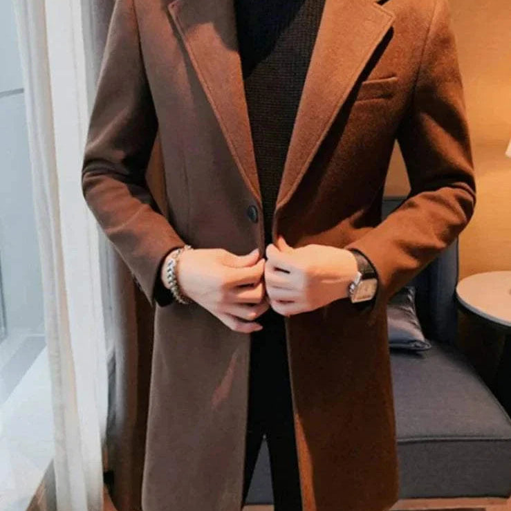 Elegant brown slim fit suit coat for men made of polyester, perfect for autumn and winter.