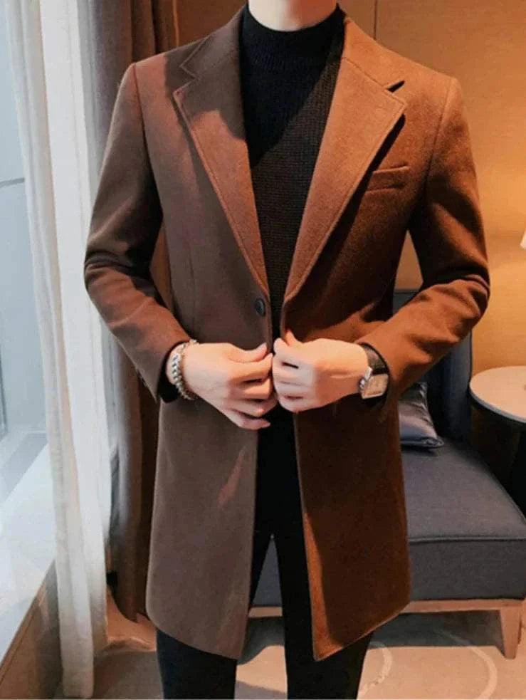 Elegant brown slim fit suit coat for men made of polyester, perfect for autumn and winter.