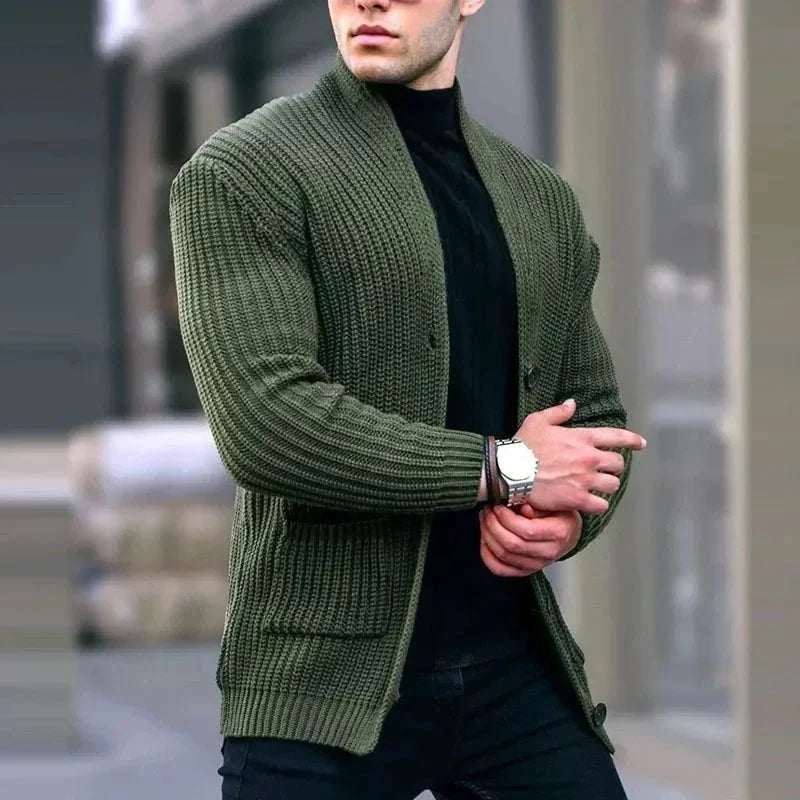 Men's green autumn streetwear cardigan, cozy wool-polyester blend.