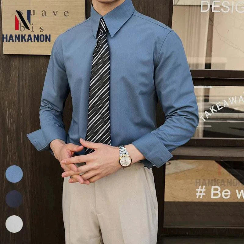 British formal slim-fit shirt in blue, perfect for men, showcasing style and comfort.