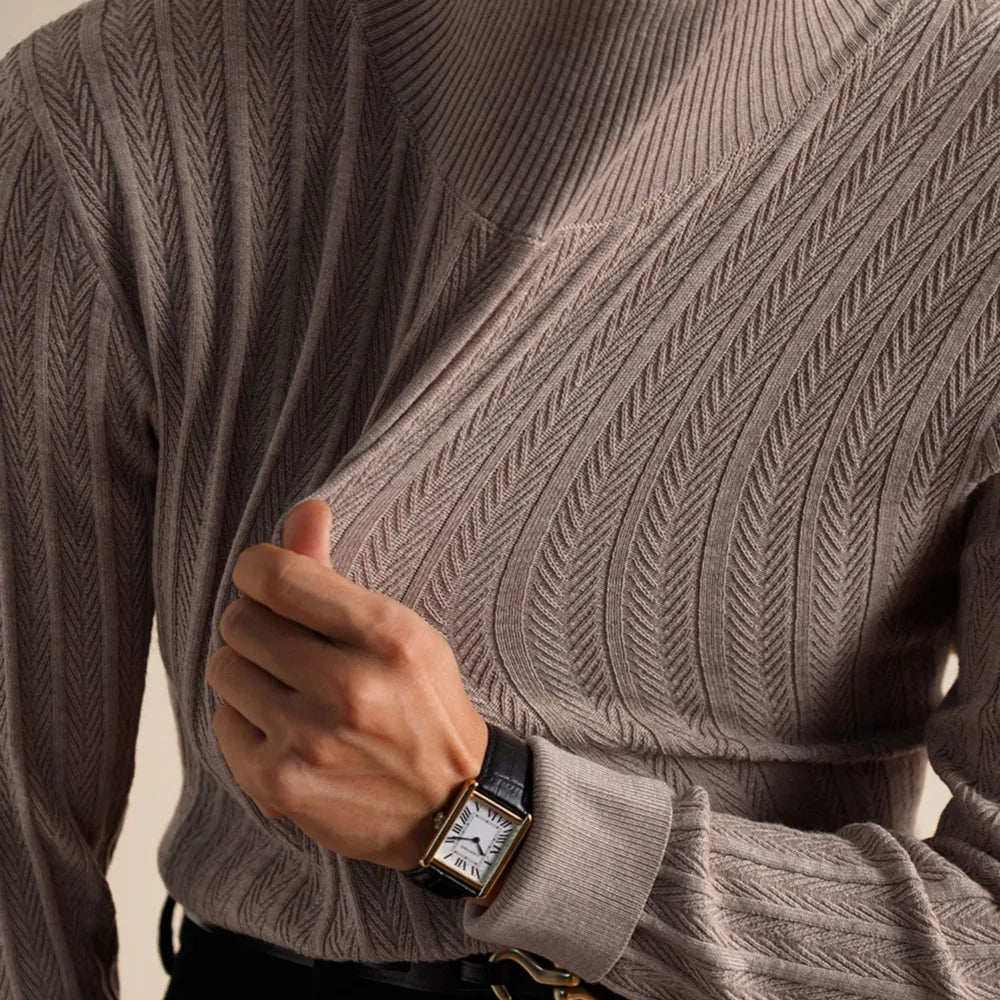 Luxury wool mock neck pullover for men in soft wool blend.