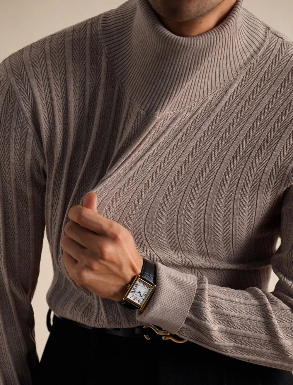Luxury wool mock neck pullover for men in soft wool blend.