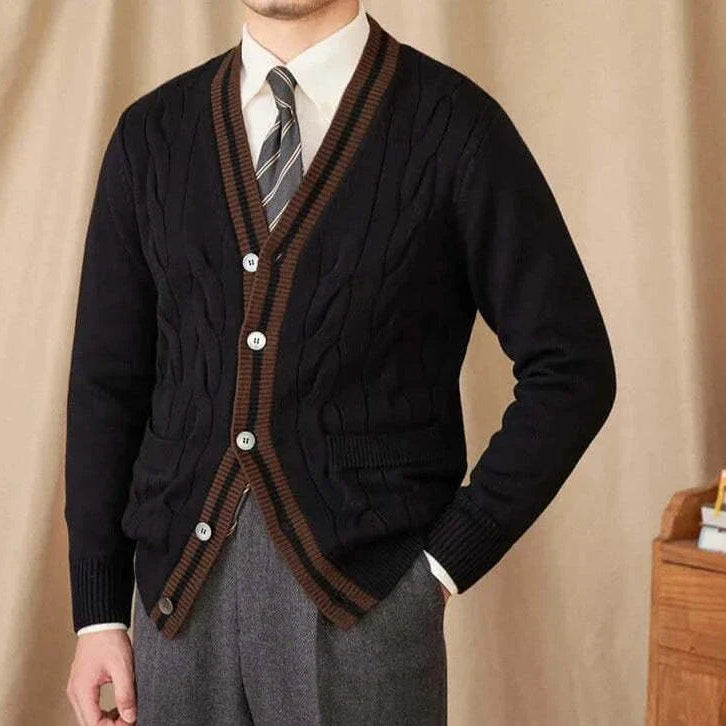 Antonios twisted knit cardigan with Italian vintage style in black wool.