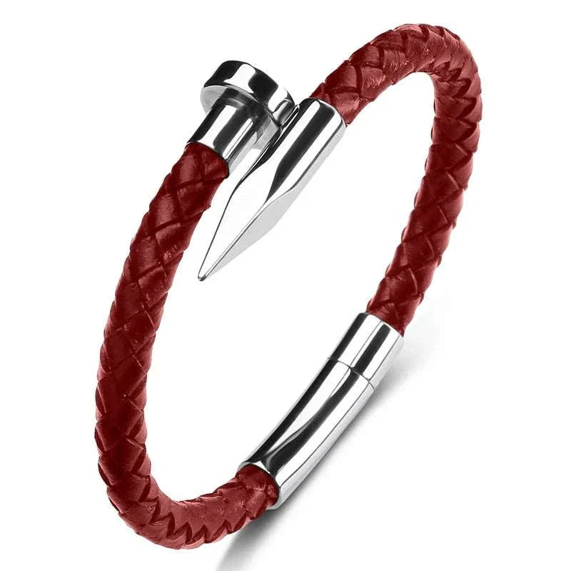 Nail leather men bracelet with durable stainless steel and PU materials, stylish accessory.