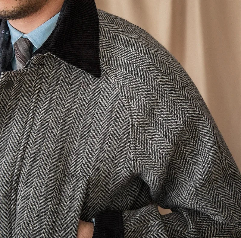 Men's wool heavy vintage coat in stylish herringbone pattern.