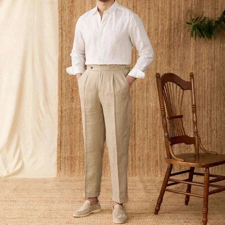 Relaxed fit casual long sleeve linen shirt for men, with solid pattern, perfect for spring and summer.