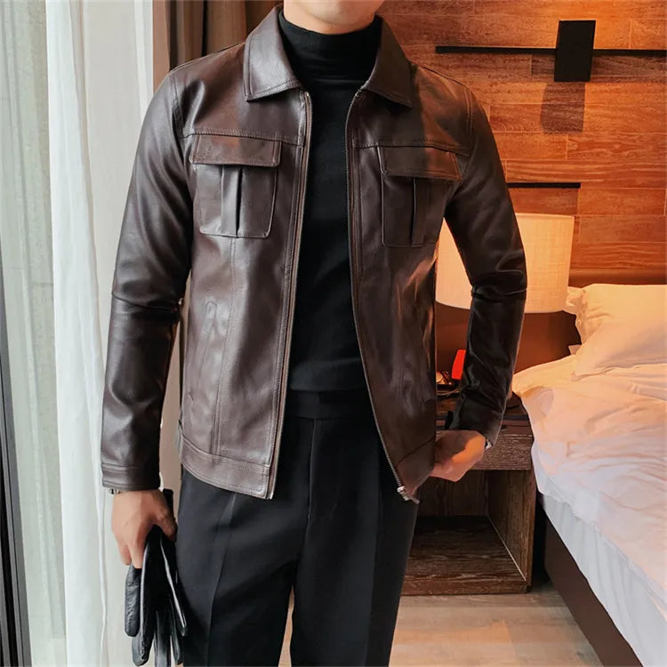 Men's ECO leather jacket in brown, casual elegant style, made from eco-leather, comfortable and durable.
