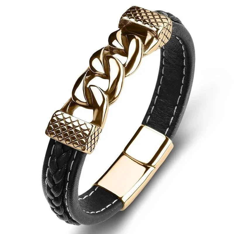 Classic chain stainless steel bracelet with PU details.