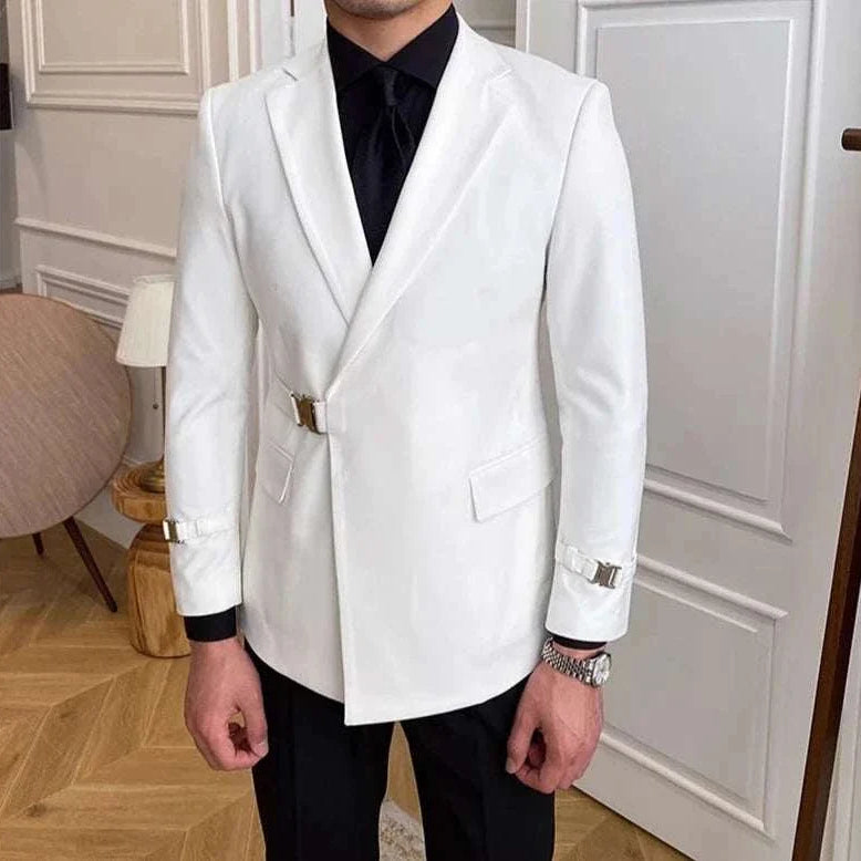 Elegant slim fit suit jacket in white for men, polyester material.