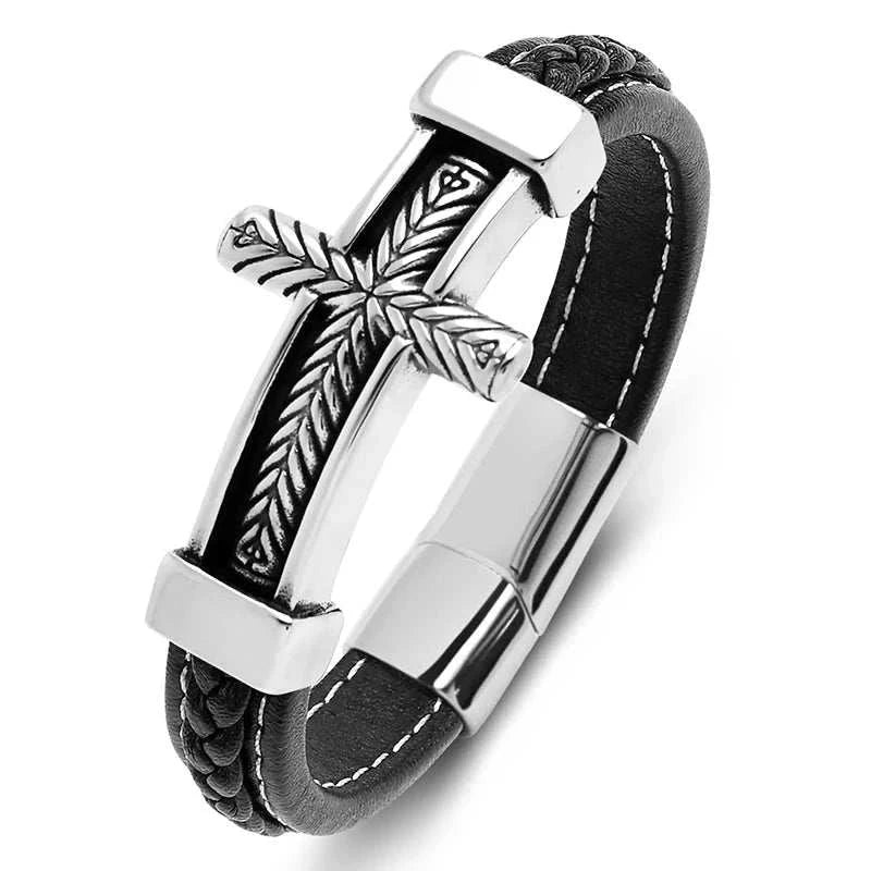 Cross stainless steel leather bracelet with sleek cross design and PU leather band.