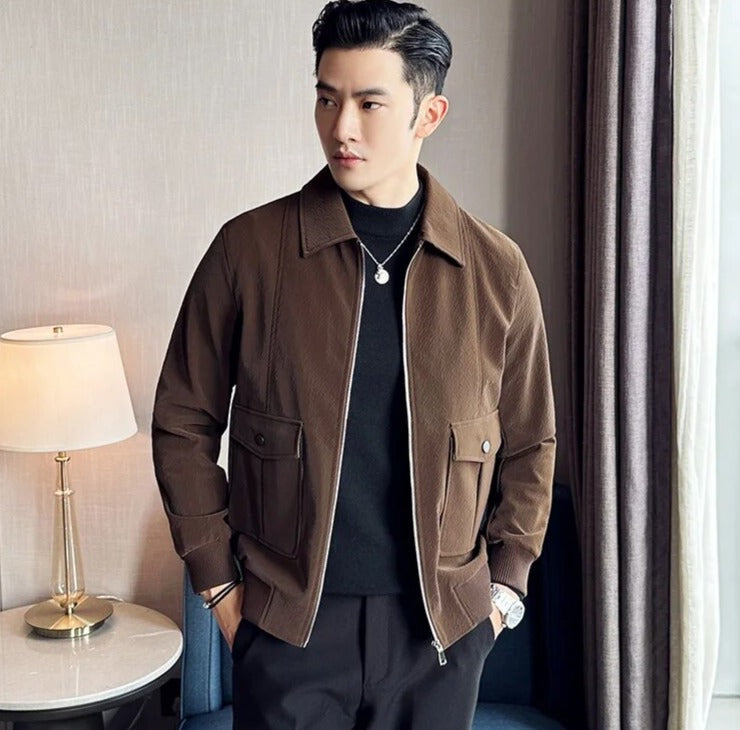 VINCENT casual jacket in brown faux leather, worn by a model.